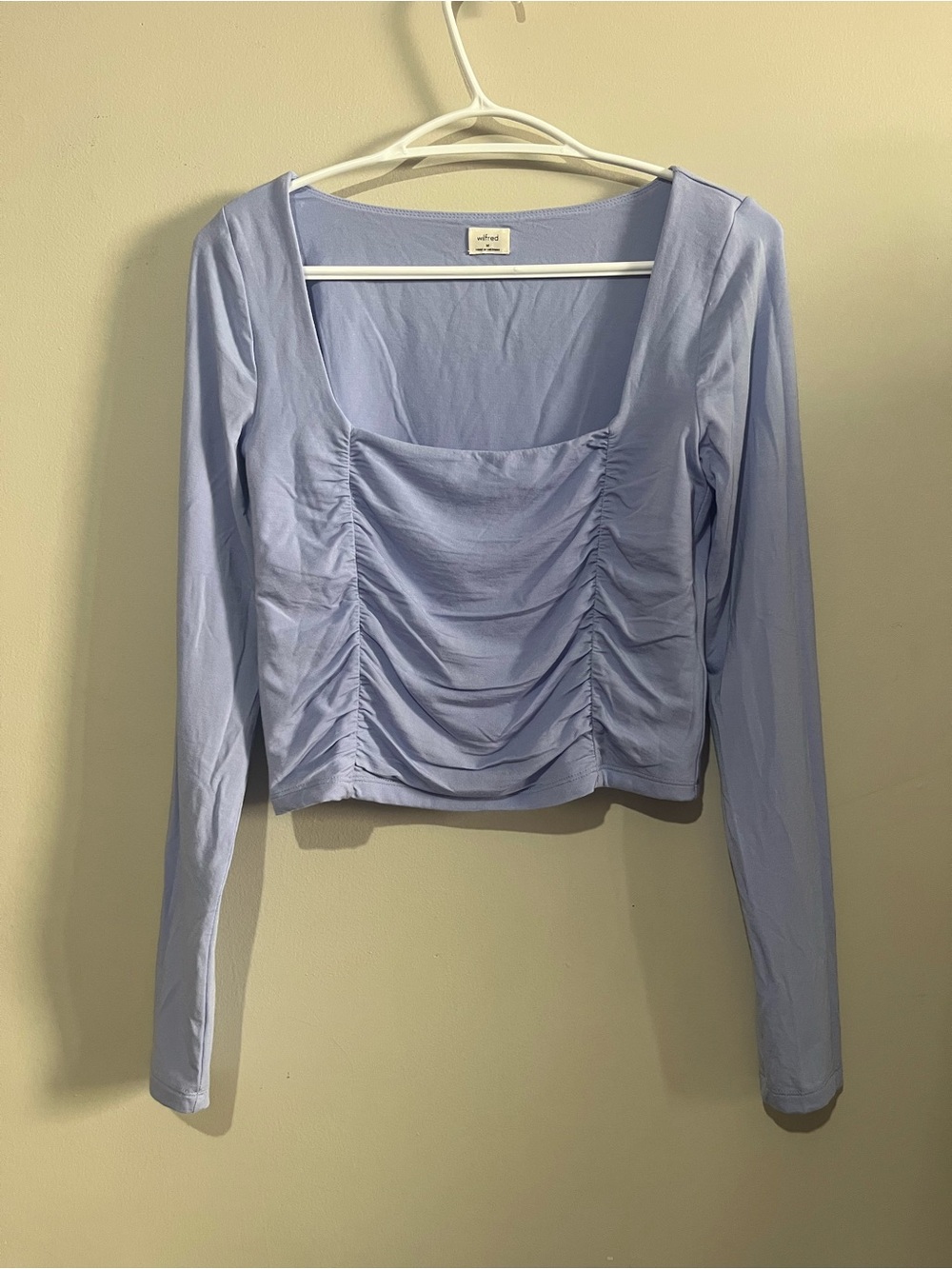 Aritzia Wilfred Lydia Ruched Crop Top Size M Purple Long Sleeve Square Neck